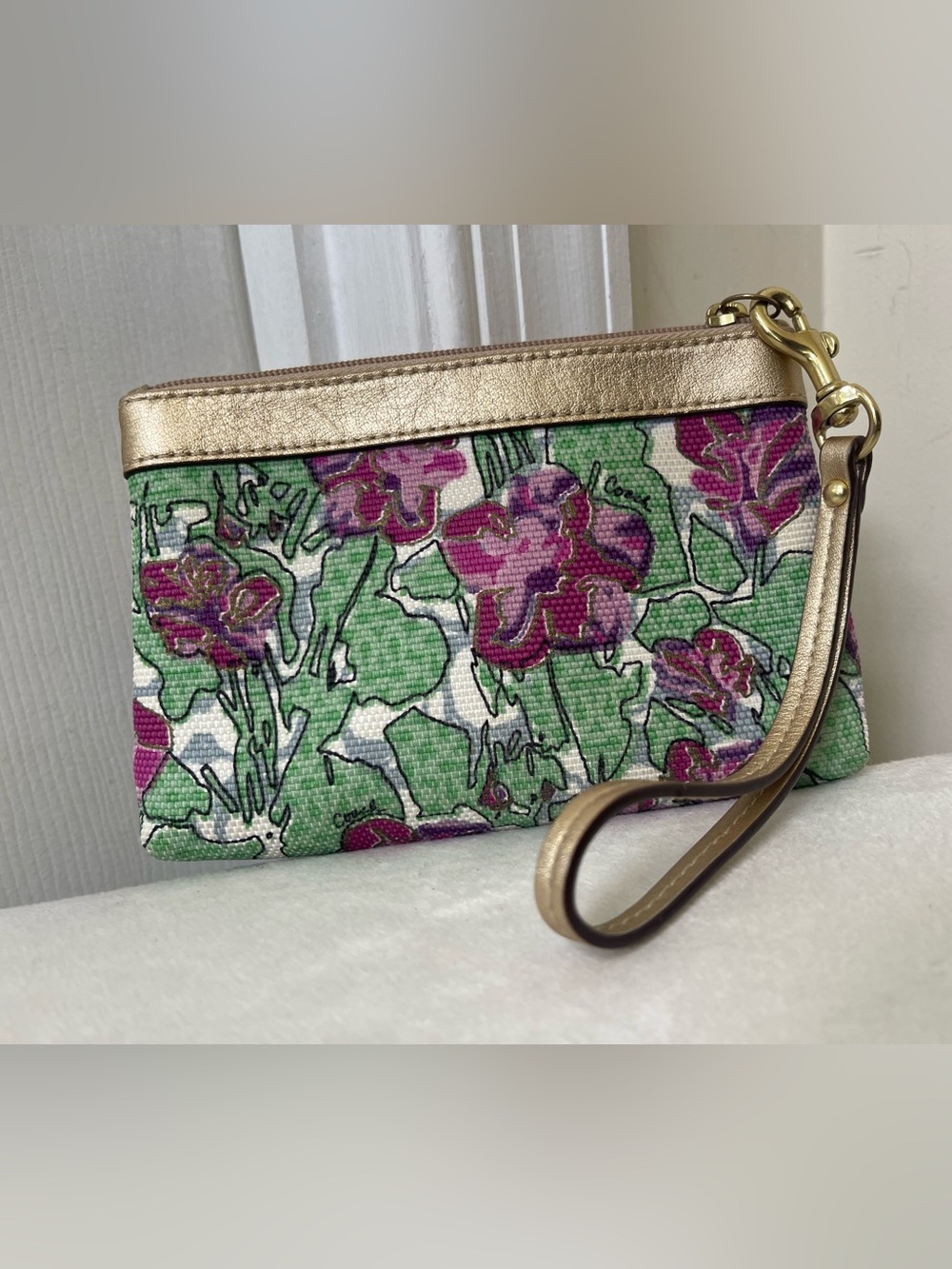 Coach Ashley Iris Pink Floral Canvas Wristlet with Gold Trim - Picture 3 of 10